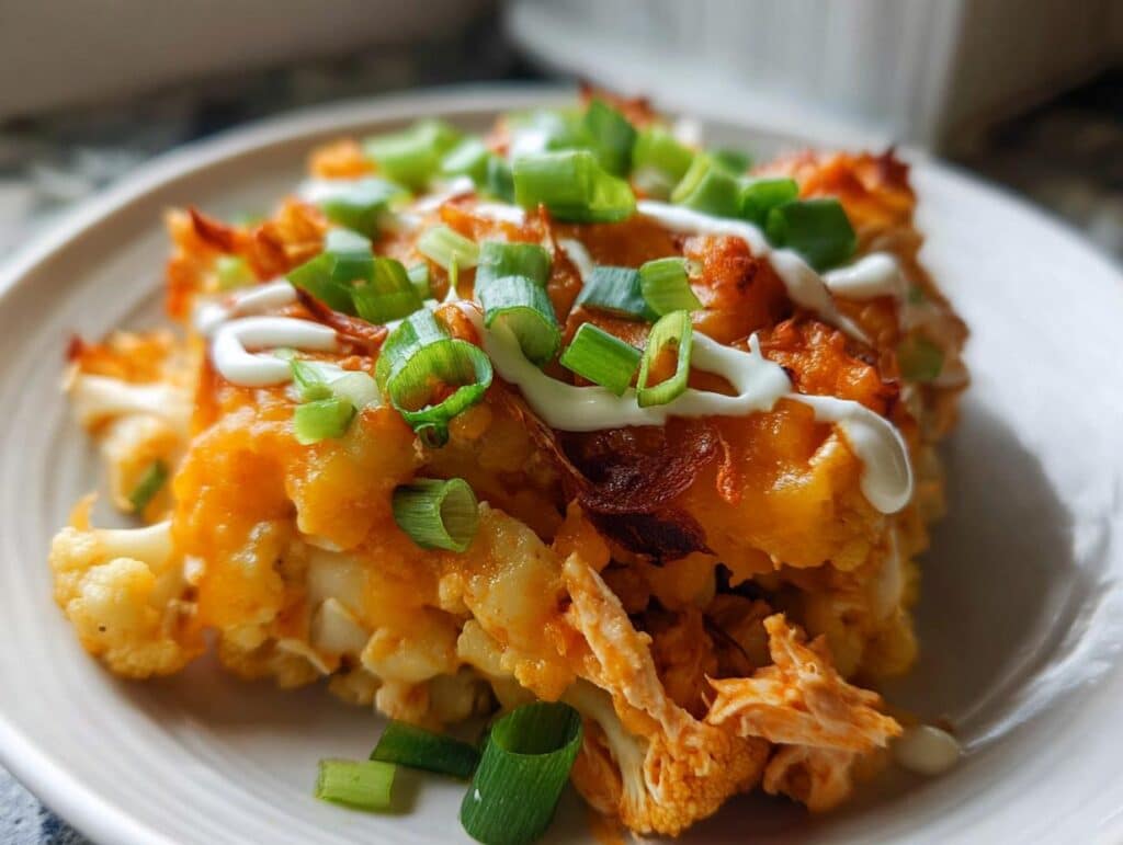 A close-up of a serving of Keto Buffalo Chicken Casserole, topped with cheese, sour cream, and green onions.
