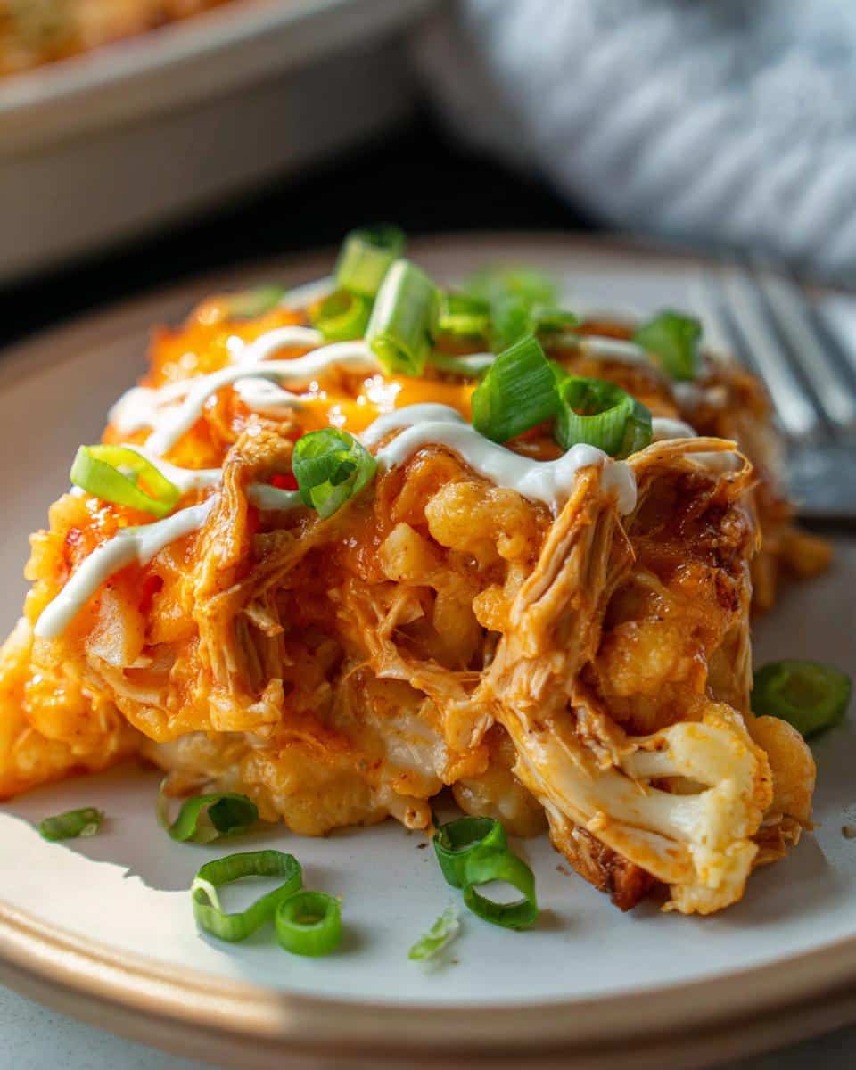A delicious slice of Keto Buffalo Chicken Casserole topped with ranch and green onions.