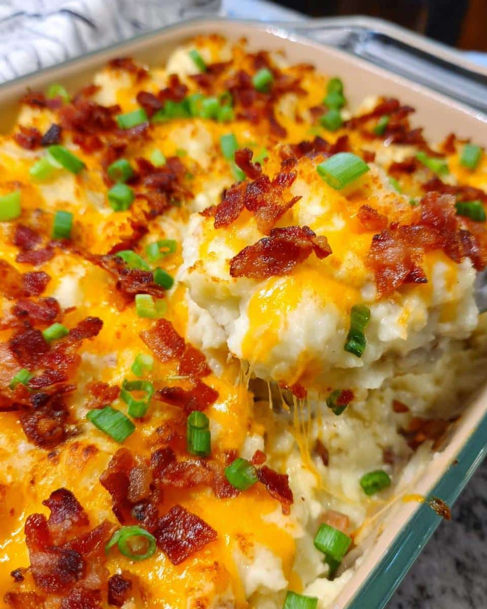 A scoop of creamy Loaded Baked Potato Casserole topped with melted cheddar cheese, crispy bacon, and green onions.