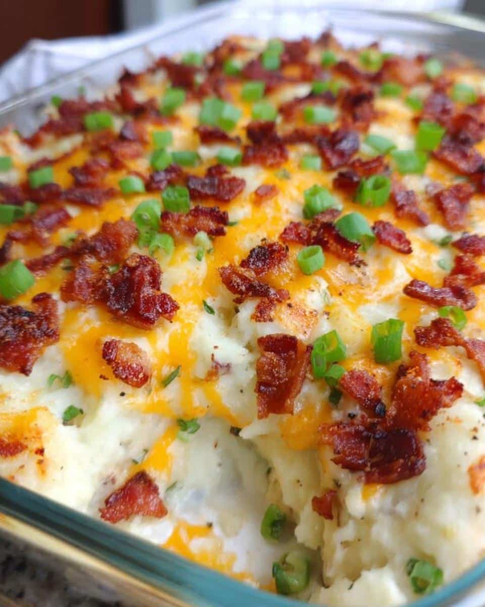 Close-up of a creamy Loaded Baked Potato Casserole topped with melted cheddar cheese, crispy bacon, and green onions.
