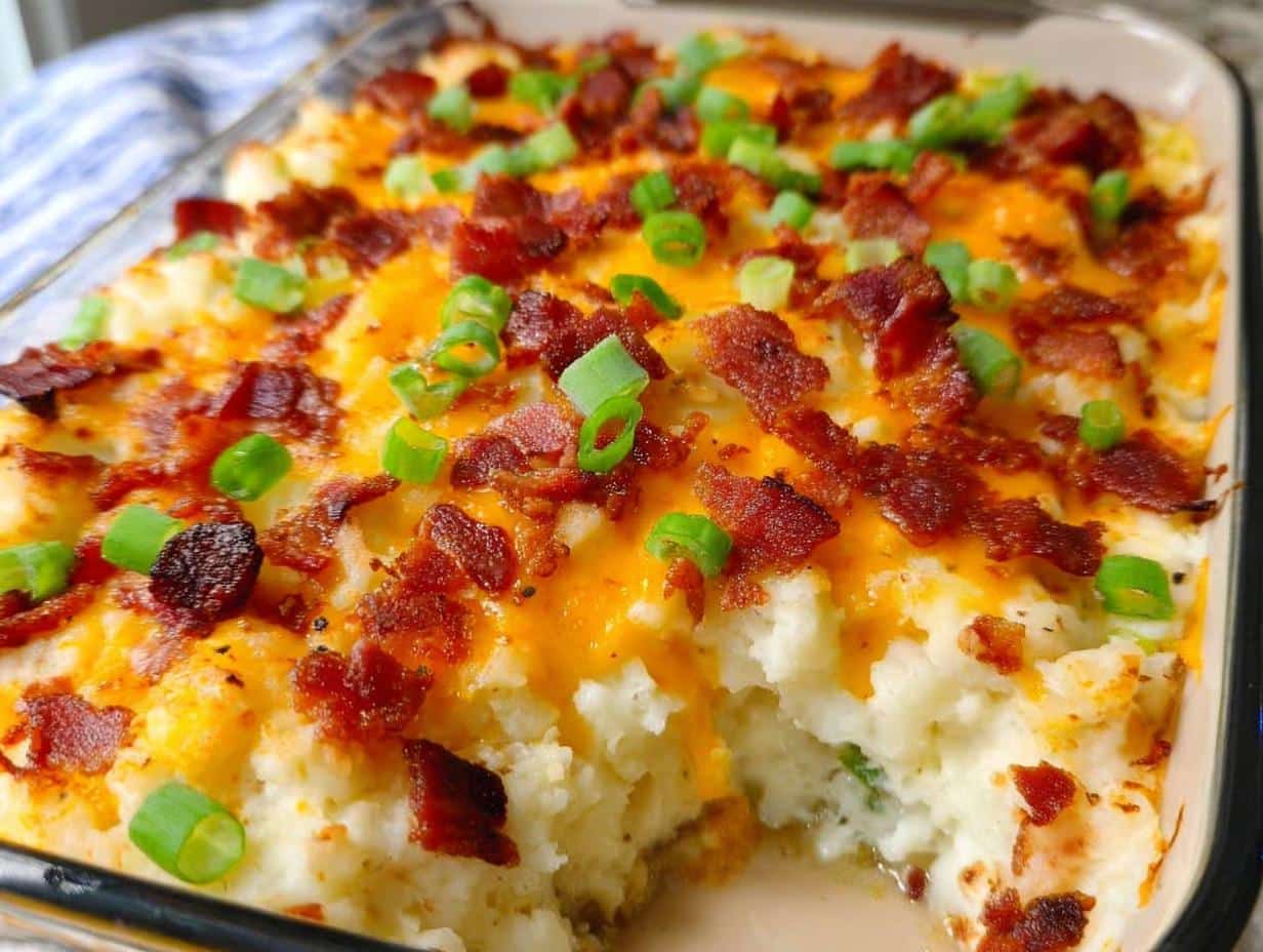 A close-up of a creamy Loaded Baked Potato Casserole topped with melted cheese, crispy bacon, and green onions.