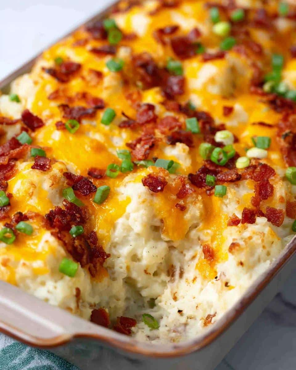 A close-up of a casserole dish filled with creamy Loaded Baked Potato Casserole, topped with melted cheddar cheese, bacon bits, and green onions.