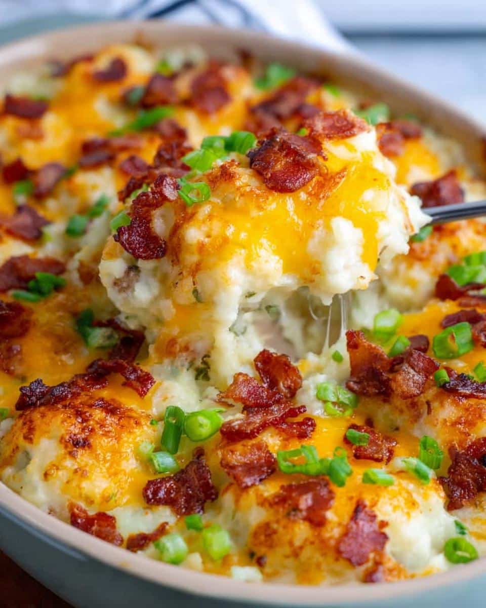 A spoonful of creamy Loaded Baked Potato Casserole, topped with melted cheddar cheese and crispy bacon bits.