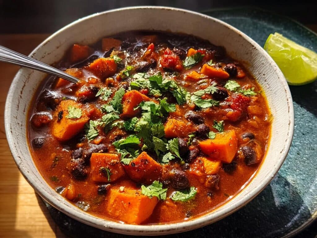 A close-up of a bowl of Low-Calorie Sweet Potato & Black Bean Chili, garnished with cilantro and a lime wedge.