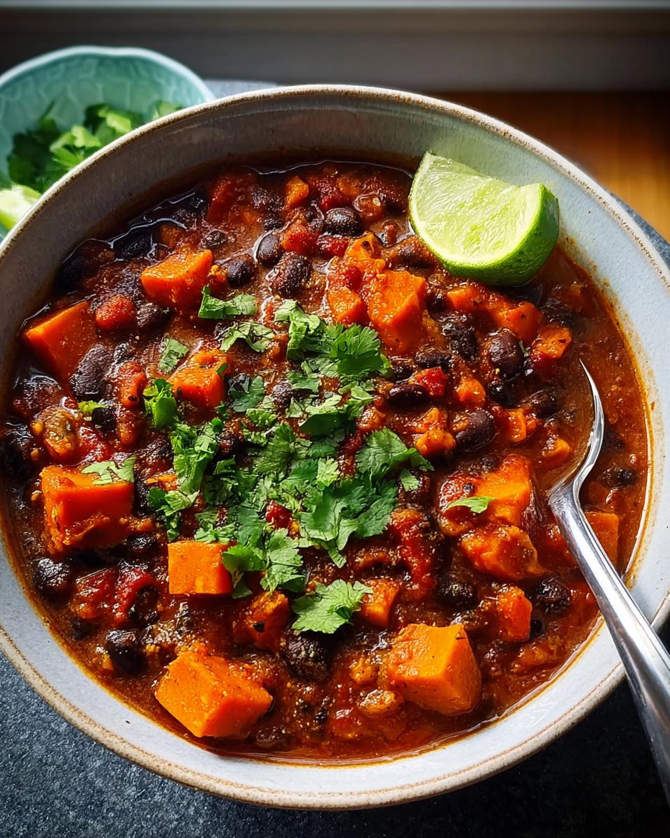 A bowl of hearty Low-Calorie Sweet Potato & Black Bean Chili, topped with fresh cilantro and a lime wedge.