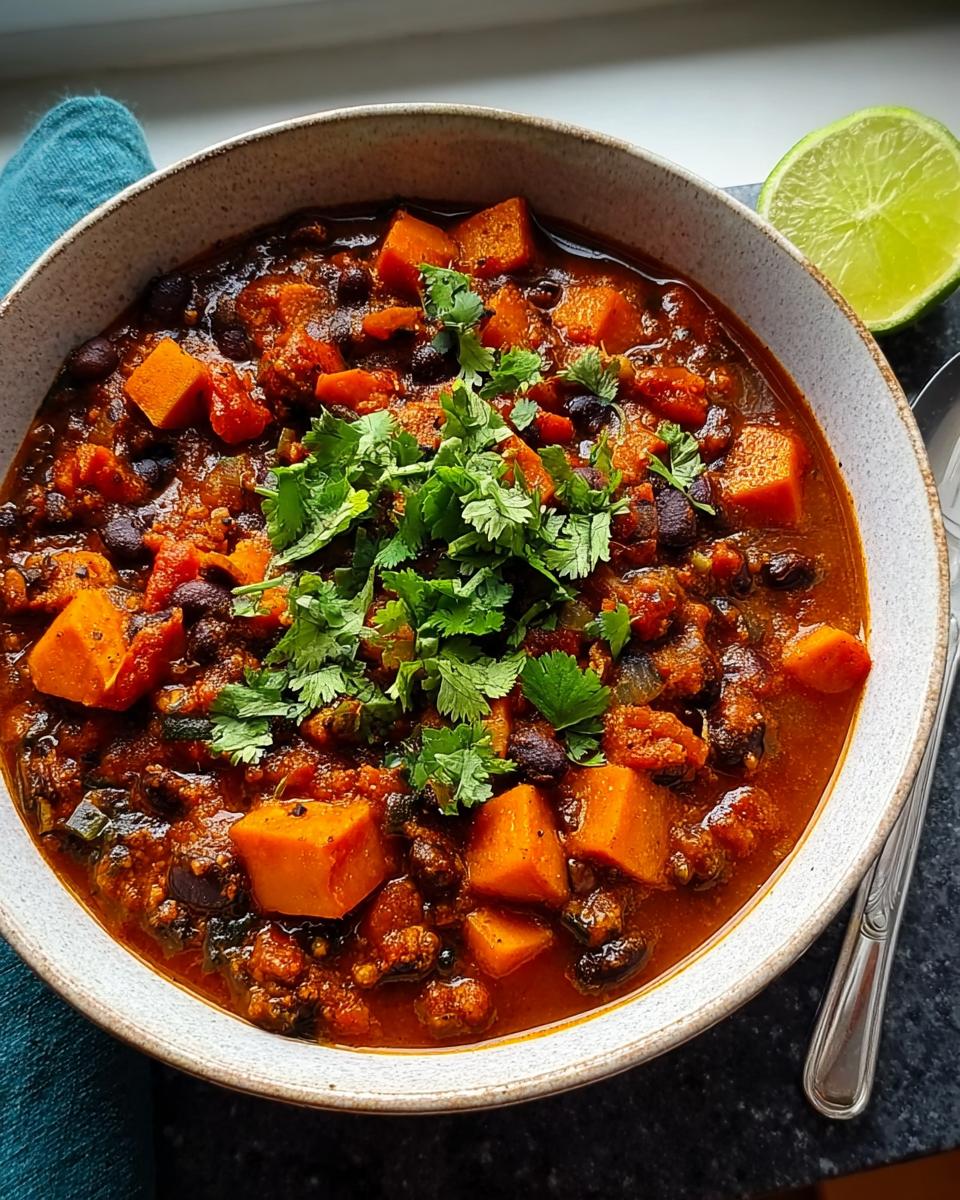A bowl of hearty Low-Calorie Sweet Potato & Black Bean Chili topped with fresh cilantro and a lime wedge on the side.