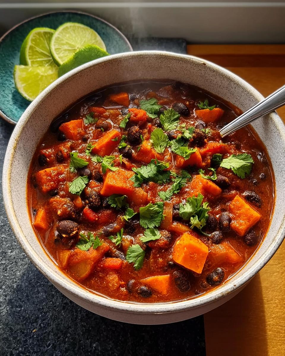 A steaming bowl of Low-Calorie Sweet Potato & Black Bean Chili, garnished with fresh cilantro and served with lime wedges.