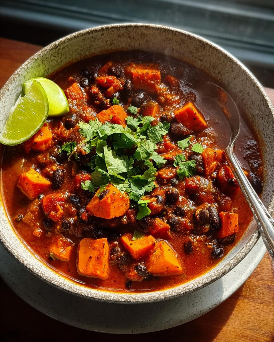 A close-up of a bowl of hearty Low-Calorie Sweet Potato & Black Bean Chili, garnished with fresh cilantro and lime wedges.