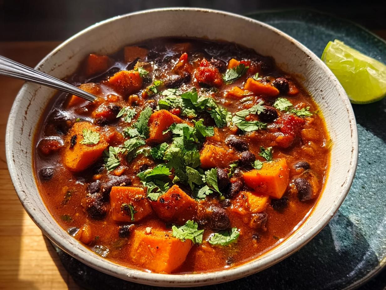 A close-up of a bowl of Low-Calorie Sweet Potato & Black Bean Chili, garnished with cilantro and a lime wedge.
