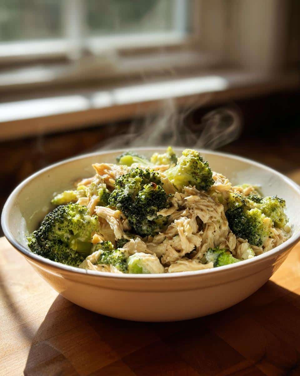 A steaming bowl of Low-Carb Chicken Broccoli Alfredo Crockpot, featuring shredded chicken and vibrant broccoli florets in a creamy sauce.