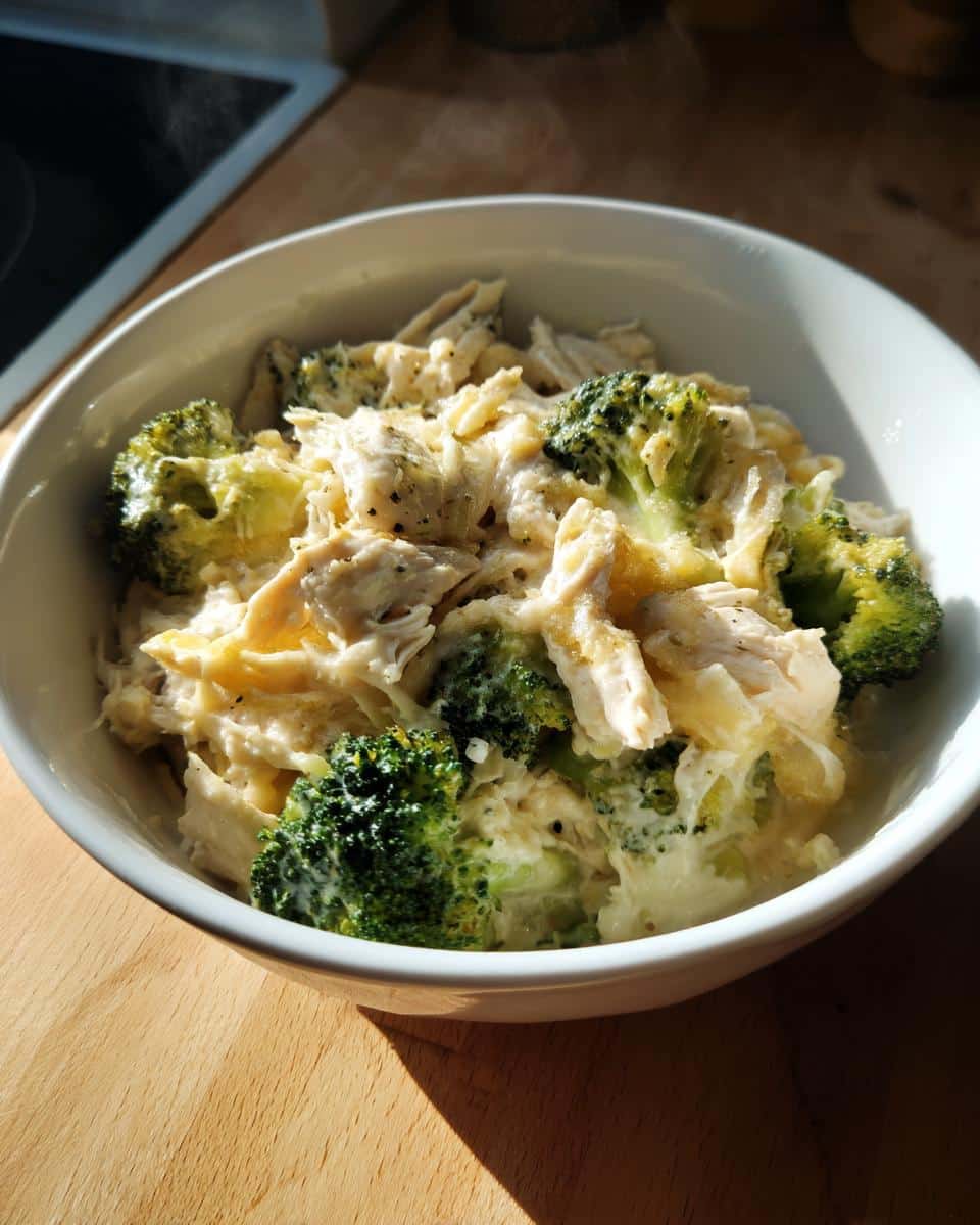 A bowl of steaming Low-Carb Chicken Broccoli Alfredo Crockpot, featuring tender chicken and vibrant broccoli florets in a creamy sauce.