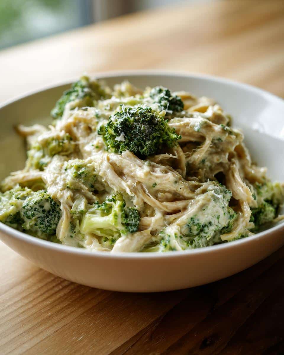 A bowl of creamy Low-Carb Chicken Broccoli Alfredo Crockpot with shredded chicken and broccoli florets.