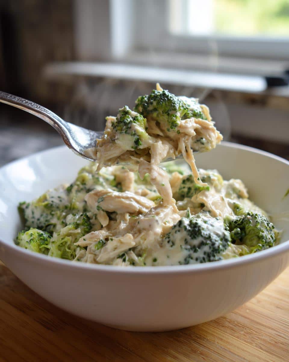 A fork lifting a serving of creamy Low-Carb Chicken Broccoli Alfredo Crockpot from a white bowl.