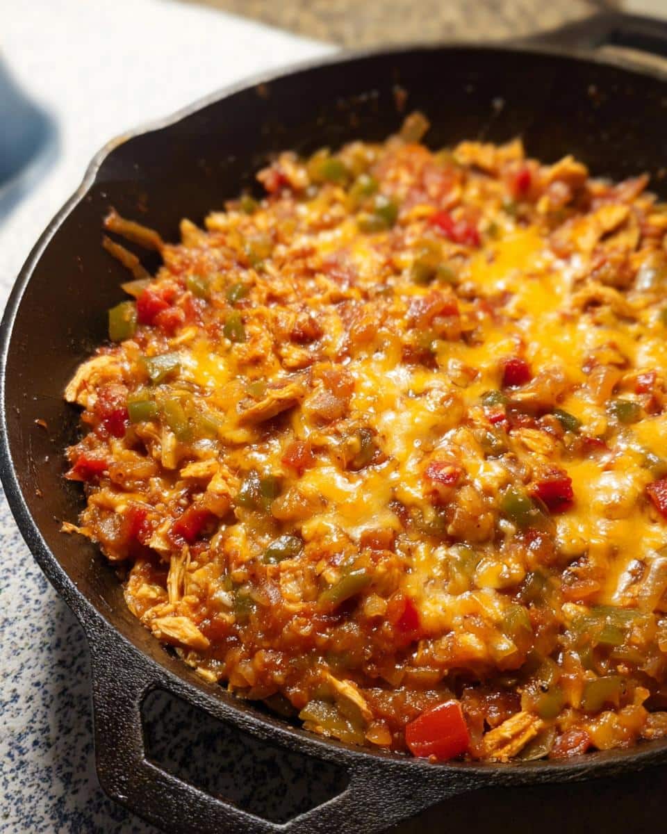 Close-up of a Low Carb Mexican Chicken Skillet dish topped with melted cheese in a cast iron pan.