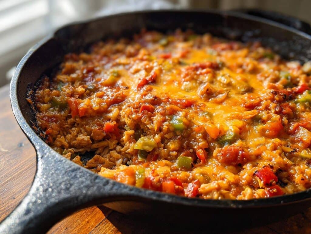 Close-up of a Low Carb Mexican Chicken Skillet dish, topped with melted cheese and colorful bell peppers.