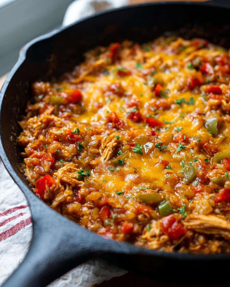 Close-up of a Low Carb Mexican Chicken Skillet bubbling with melted cheese and colorful vegetables.