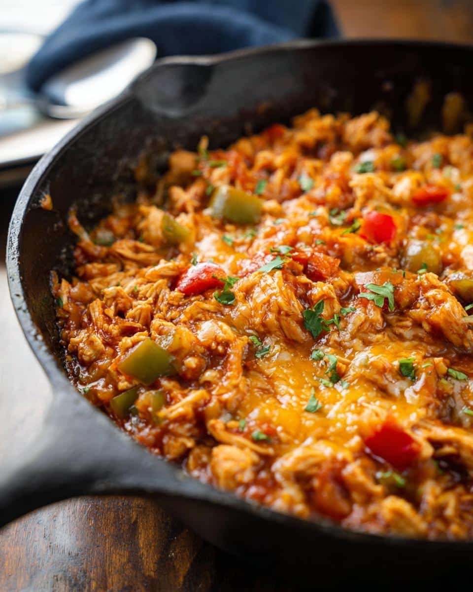 Close-up of a Low Carb Mexican Chicken Skillet with melted cheese and chopped parsley.
