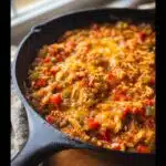 Close-up of a Low Carb Mexican Chicken Skillet in a cast iron pan, topped with melted cheese and colorful diced vegetables.
