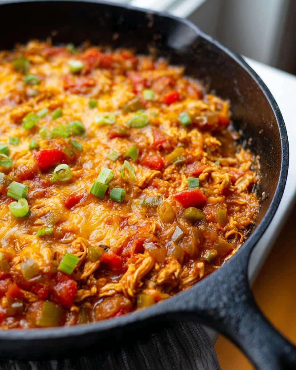 Close-up of a Low Carb Mexican Chicken Skillet bubbling with melted cheese and topped with green onions.
