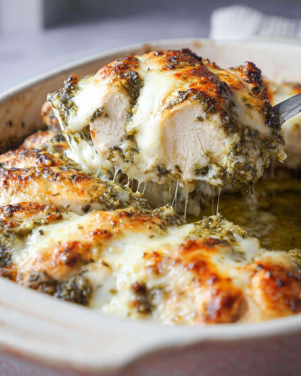 A serving spoon lifts a piece of juicy Low Carb Pesto Chicken Bake, revealing melted mozzarella cheese.