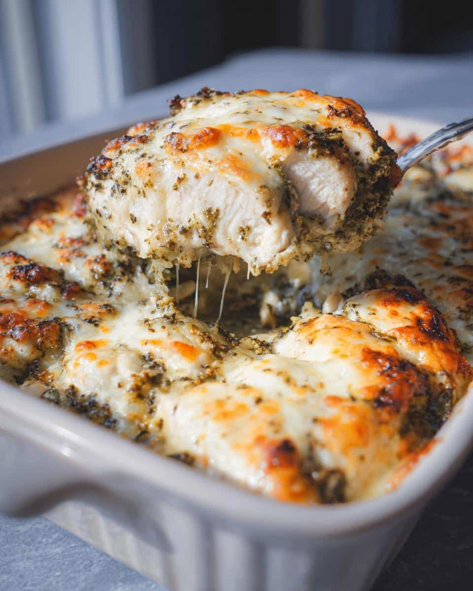 A serving spoon lifts a piece of juicy Low Carb Pesto Chicken Bake covered in melted, golden-brown cheese.
