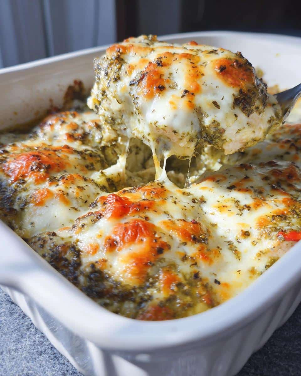 A serving spoon lifts a cheesy portion of Low Carb Pesto Chicken Bake from a white baking dish.