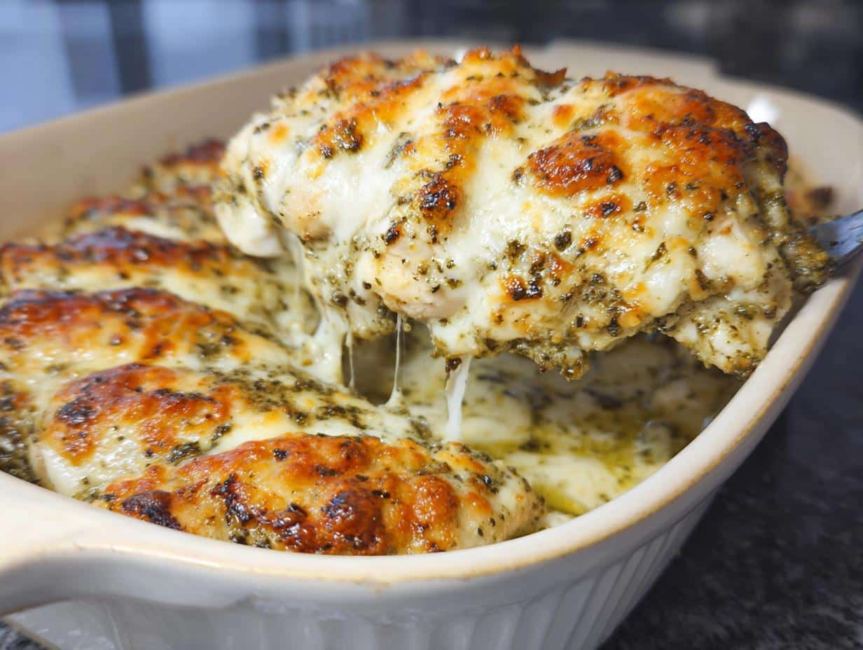 A piece of Low Carb Pesto Chicken Bake is lifted from a casserole dish, showing melted, gooey cheese and pesto seasoning.