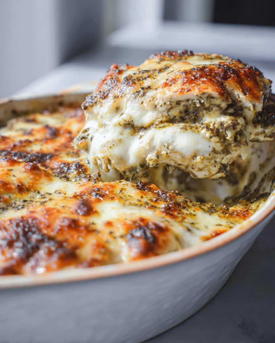 A serving of Low Carb Pesto Chicken Bake being lifted from a casserole dish, showing melted cheese and pesto.
