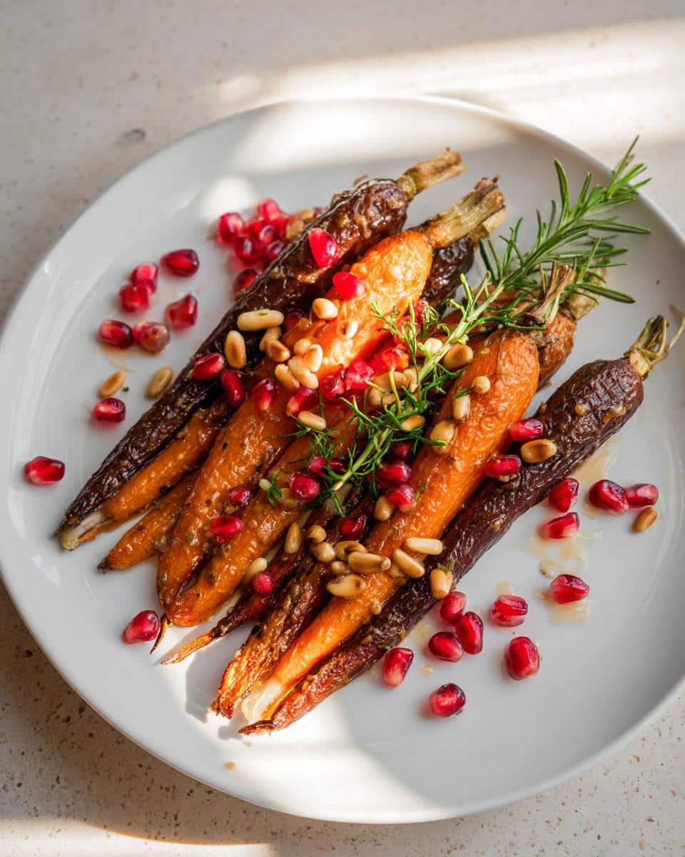 A close-up of Maple Dijon Roasted Carrots topped with pine nuts, pomegranate seeds, and rosemary.