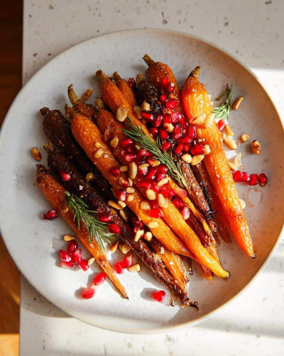A close-up overhead view of roasted maple dijon carrots topped with pomegranate seeds and pine nuts.