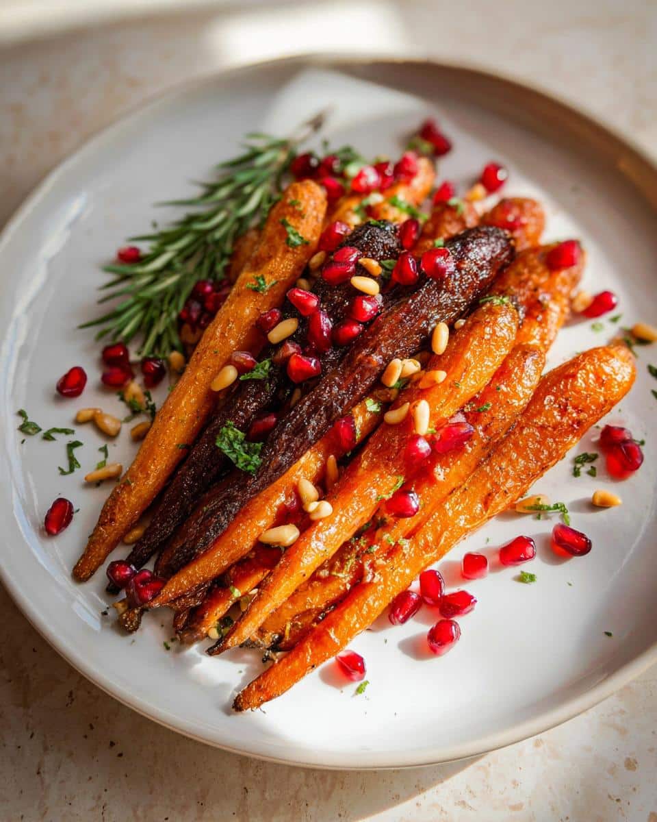 Close-up of Maple Dijon Roasted Carrots topped with pomegranate seeds, pine nuts, and rosemary.