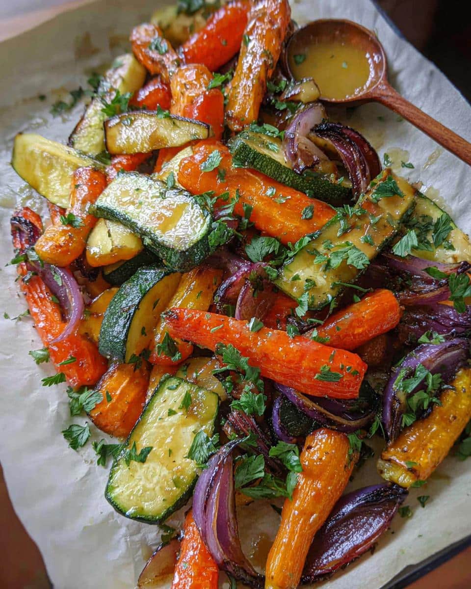 A close-up overhead view of colorful Maple Dijon Roasted Vegetables including carrots, zucchini, and red onion, sprinkled with parsley.