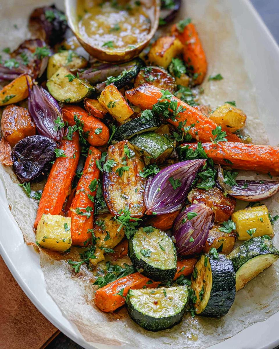 A colorful platter of Maple Dijon Roasted Vegetables including carrots, zucchini, red onion, and potatoes, garnished with parsley.