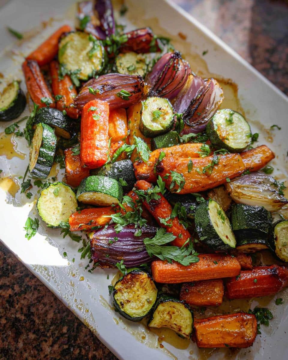 A close-up of a platter filled with glistening Maple Dijon Roasted Vegetables, including carrots, zucchini, and red onions, garnished with parsley.