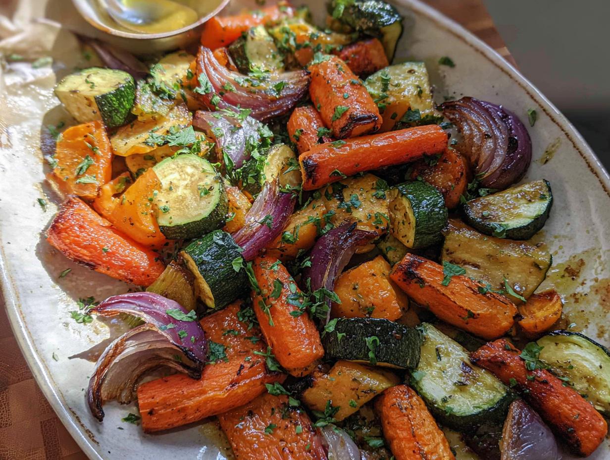 A close-up of a platter filled with colorful Maple Dijon Roasted Vegetables, including carrots, zucchini, and red onion, sprinkled with fresh parsley.