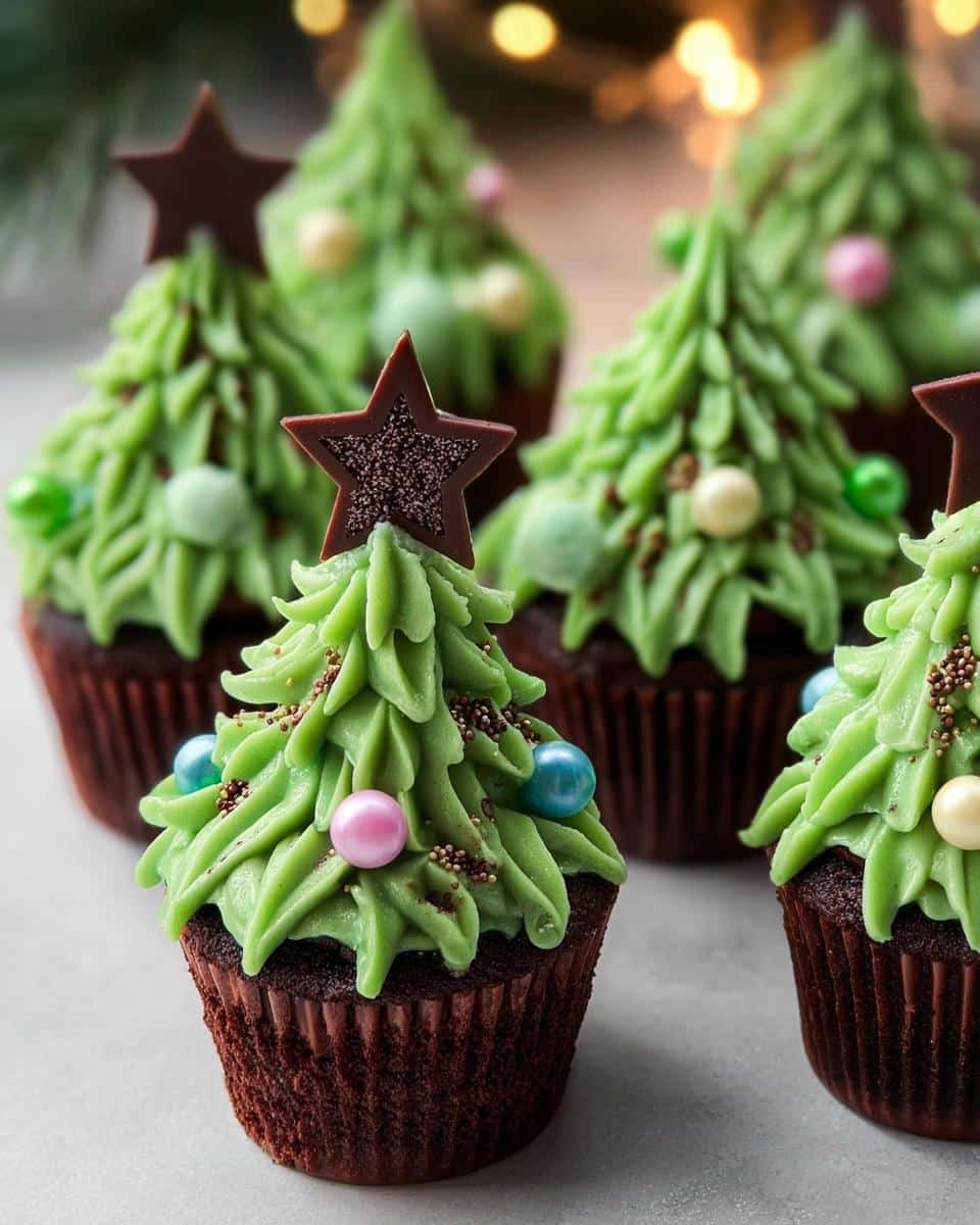 Close-up of festive Mini Christmas Tree Cupcakes decorated with green frosting, colorful ornaments, and chocolate stars.