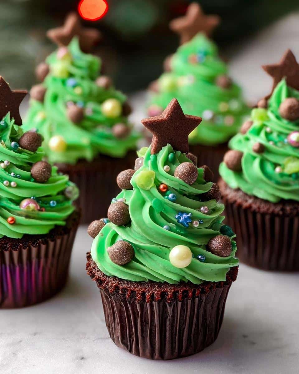 Close-up of delicious Mini Christmas Tree Cupcakes decorated with green frosting and festive sprinkles.