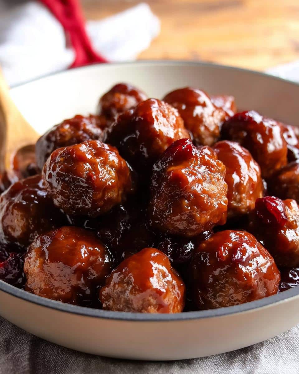 A close-up of a bowl filled with glossy Mini Cranberry Meatballs coated in a rich, dark sauce with visible cranberries.