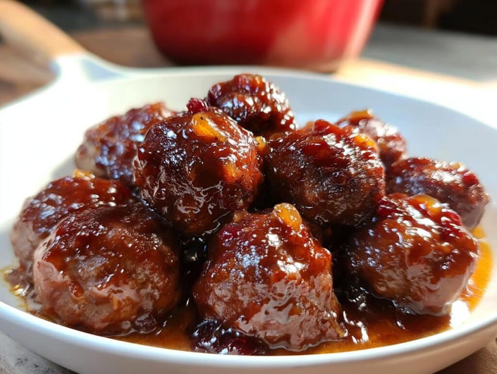 A close-up shot of glistening Mini Cranberry Meatballs coated in a rich, glossy sauce, served in a white bowl.