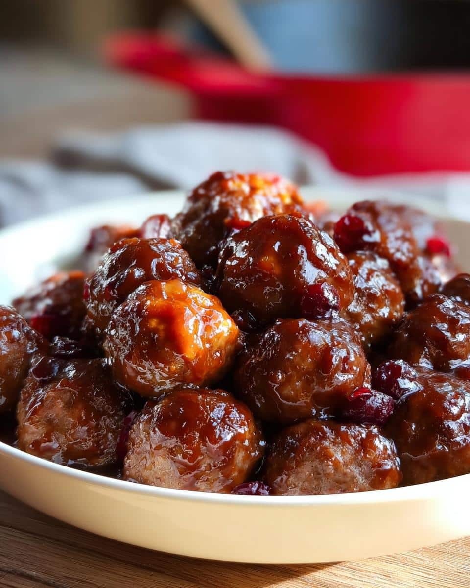 A close-up of a bowl filled with glistening Mini Cranberry Meatballs coated in a rich, glossy sauce.