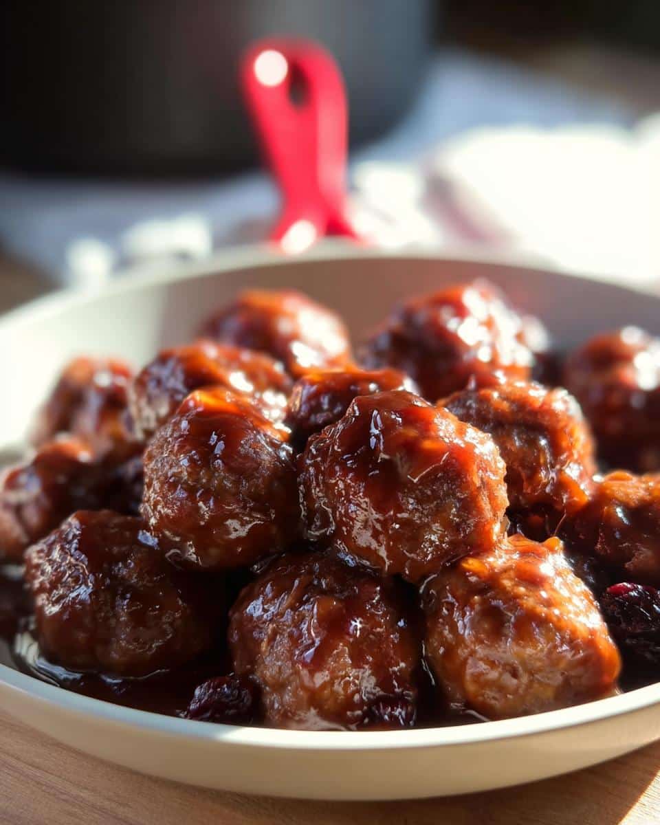A close-up of a bowl filled with glossy Mini Cranberry Meatballs coated in a rich sauce, with dried cranberries visible.