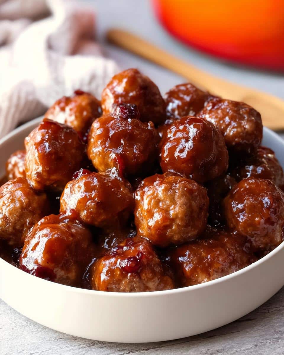 A close-up of a bowl filled with glossy, saucy Mini Cranberry Meatballs, showing their rich texture.
