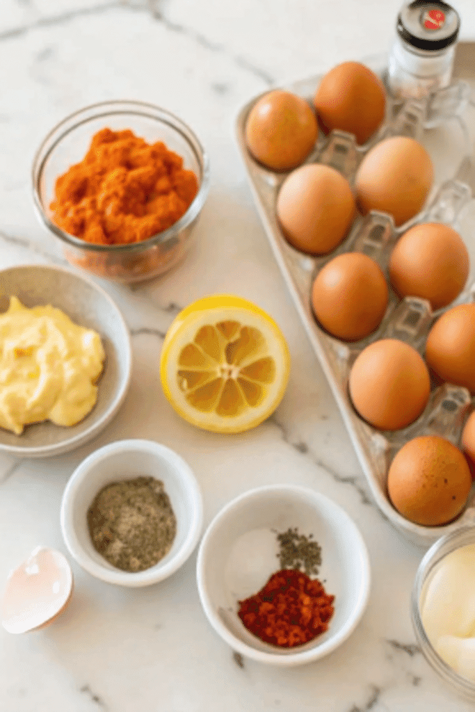 Ingredients for Mini Pumpkin Deviled Eggs including eggs, pumpkin puree, mayonnaise, Dijon mustard, lemon, paprika, salt, and pepper