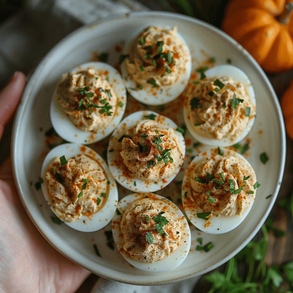 Mini Pumpkin Deviled Eggs filled with pumpkin puree and spices, garnished with parsley and paprika on a white plate.