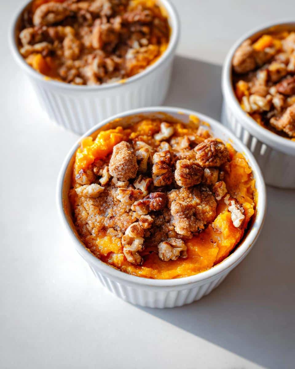 Close-up of Mini Sweet Potato Casseroles topped with crunchy pecans and cinnamon crumble in white ramekins.