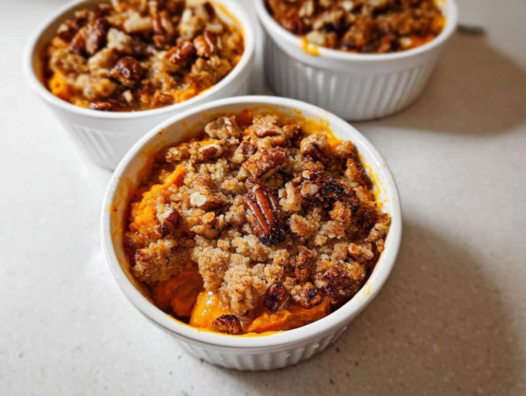 Close-up of three Mini Sweet Potato Casseroles topped with a crunchy pecan and crumble mixture.