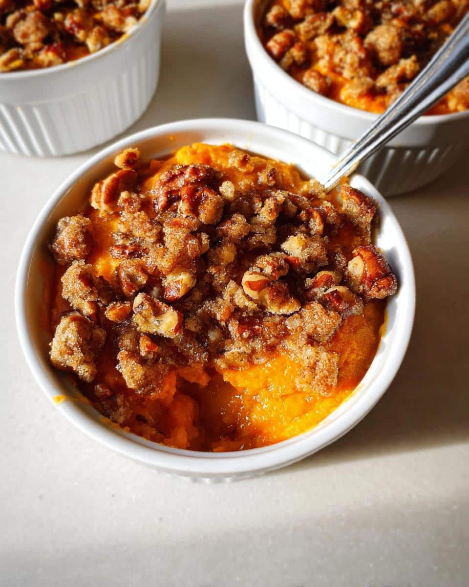 Close-up of a mini sweet potato casserole in a white ramekin, topped with a crunchy pecan and brown sugar streusel.
