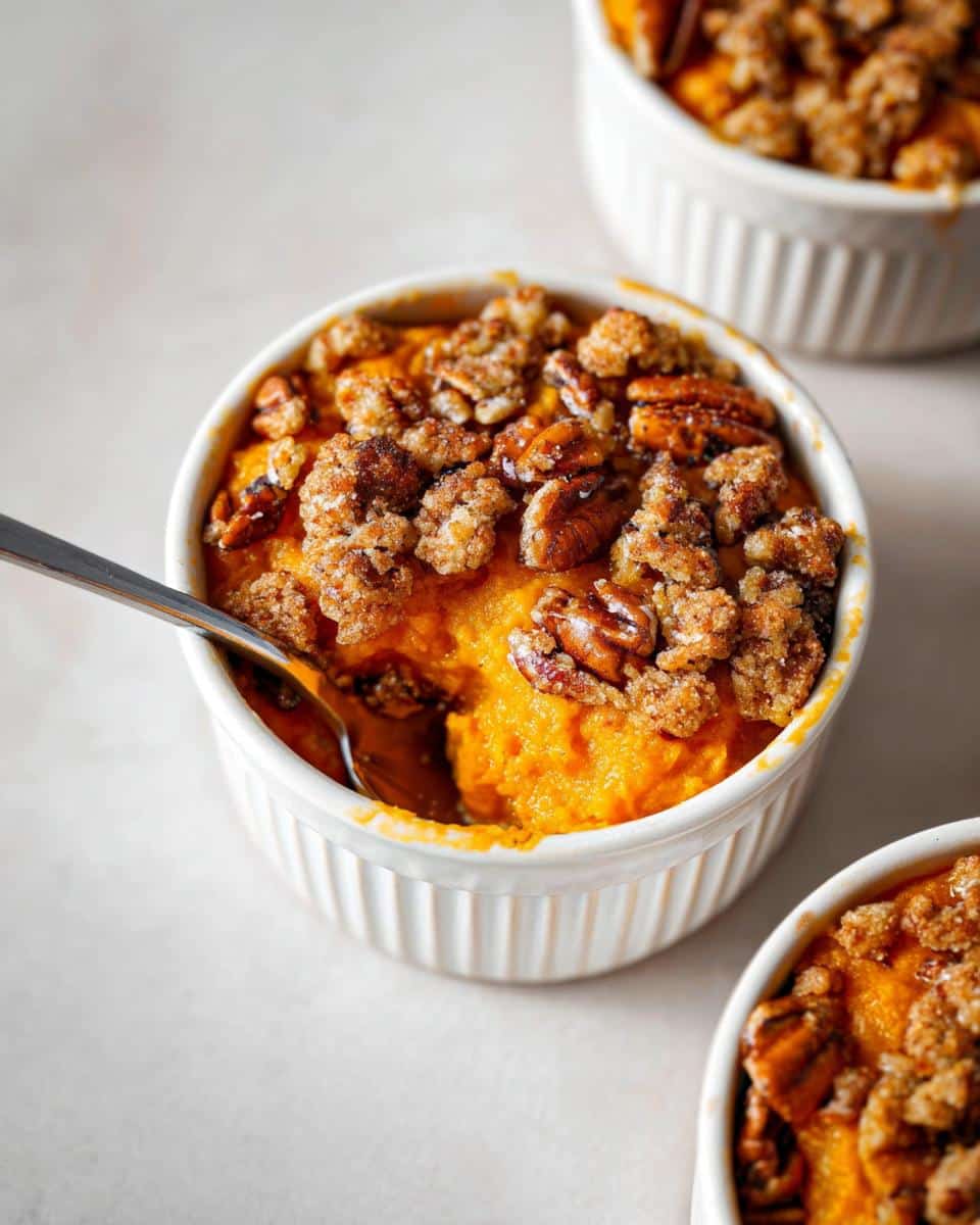 A close-up of a mini sweet potato casserole topped with crunchy pecans and a crumb topping, with a spoon digging in.