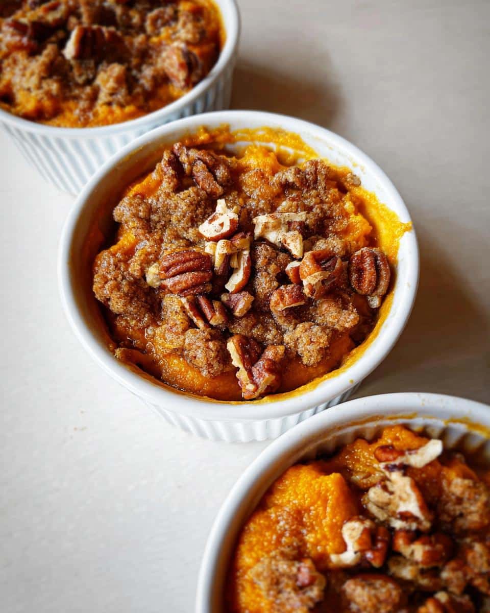 Three individual Mini Sweet Potato Casseroles topped with streusel and pecans in white ramekins.