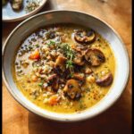 A close-up of a bowl of creamy Mushroom and Wild Rice Soup, topped with fresh thyme and sliced mushrooms.